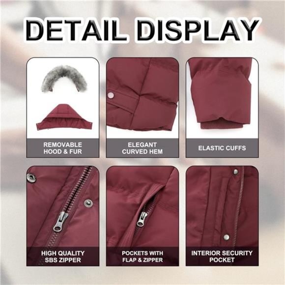 Hooded Warm Winter Coat Quilted Thicken Puffer Jacket with‎ Removable Fur Hood - Picture 3 of 7